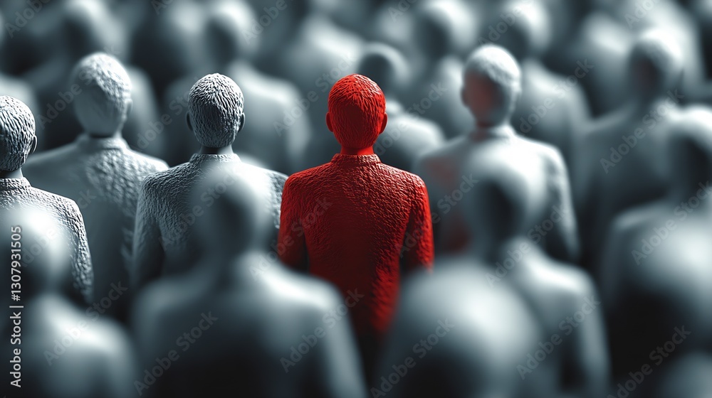 Poster Artistic representation of a bold red figure among grey figures emphasizing the theme of individuality and difference : Generative AI
