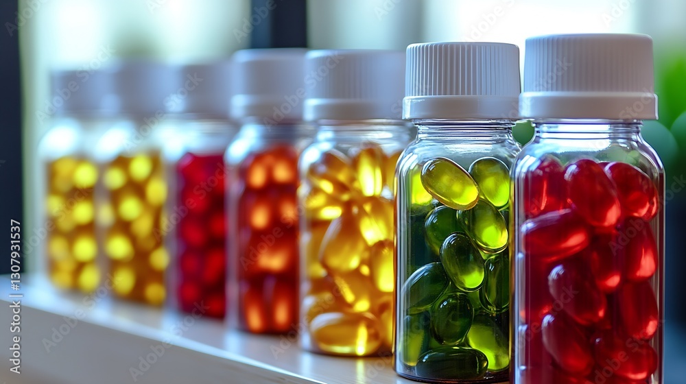 Poster Collection of colorful dietary supplements in glass bottles showcasing vibrant capsules in various colors on a wooden shelf : Generative AI