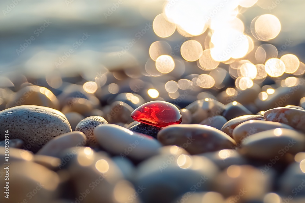 Aufkleber sparkling red crystal amidst colorful pebbles on a sunlit beach : generative ai