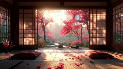 Japanese tatami room with autumn maple trees glowing under golden sunlight. Seamless looping 4K time-lapse animation video background - Powered by Adobe