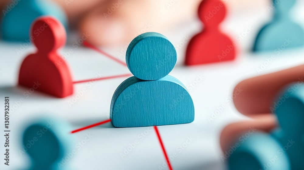 Poster blue wooden figure at the center of a network connection surrounded by colorful teammates : generati