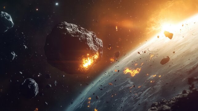 Widok kosmosu z asteroidami i eksplozjami