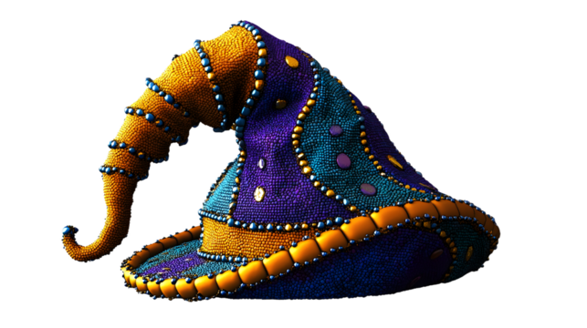 Colorful Jester Hat Festive Costume Accessory, Unique Beaded Design for Themed Events, isolated on transparent background.