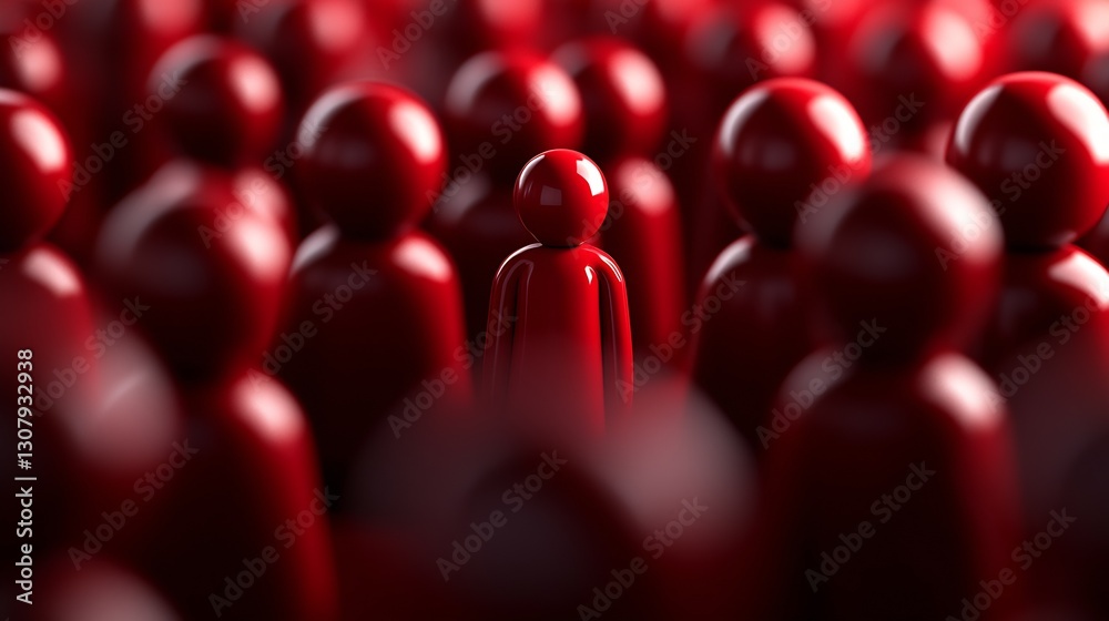 Poster Abstract scene of red figures crowded together with one figure highlighted in the middle embodying distinction : Generative AI