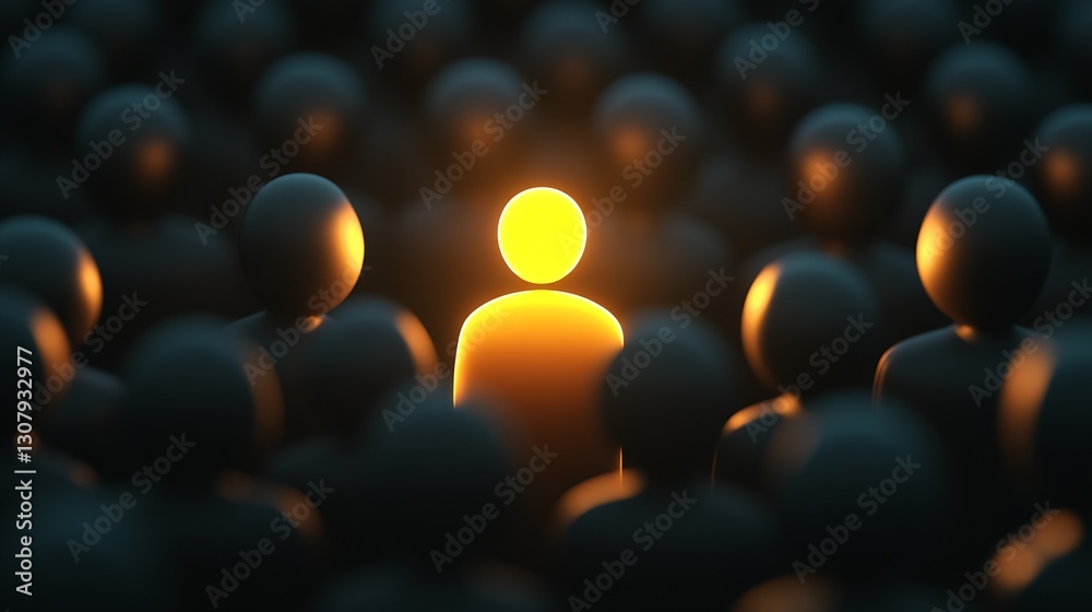 Poster bright figure radiating light in a sea of dark silhouettes representing influence and presence : gen