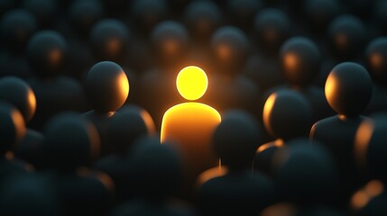 Obraz premium Bright figure radiating light in a sea of dark silhouettes representing influence and presence : Generative AI
