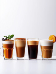 Kaffeetassen mit verschiedenen Getränken und LättereArt auf weißem Tisch

