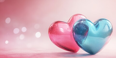 Two colorful glass hearts representing love and connection on a soft background during a romantic evening