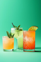 Bunte Cocktails in eleganten Gl&auml;sern auf hellem Hintergrund arrangiert
