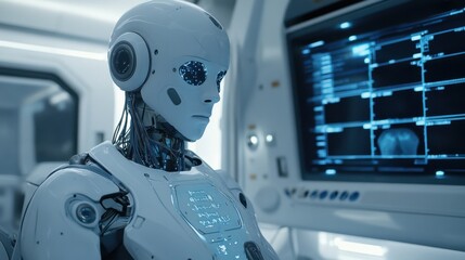 Fototapeta na wymiar Roboty humanoidalne w futurystycznym wnętrzu