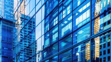 Fototapeta premium Urban Reflections: A captivating view of modern architectural glass facade