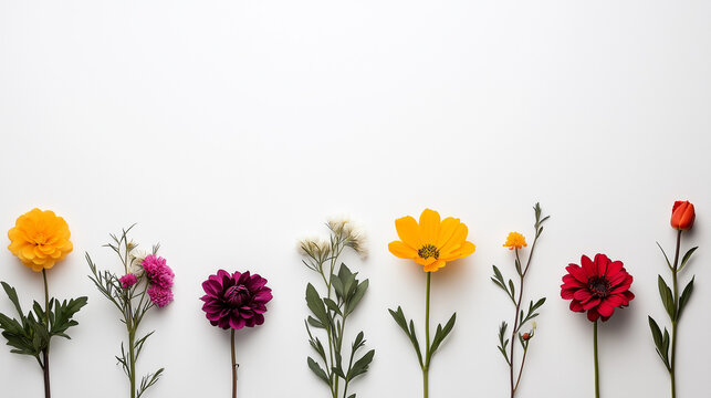 Bunte Blumenarrangement auf wei&szlig;em Hintergrund als Fr&uuml;hlingsdekor
