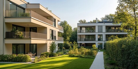 A modern apartment complex in Germany, featuring three buildings with neutral tones and large balconies overlooking green space Generative AI