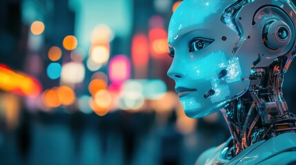 Fototapeta na wymiar Robot futurystyczny w miejskim otoczeniu