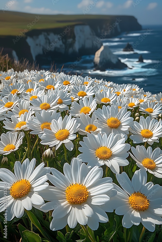 Poster charming coastal scene filled with daisy flowers with ocean waves crashing in the background : gener
