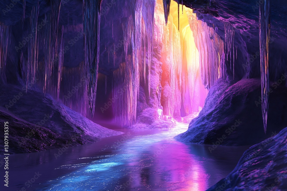 Poster vividly colored cave with bright reflections and intricate natural ice structures : generative ai