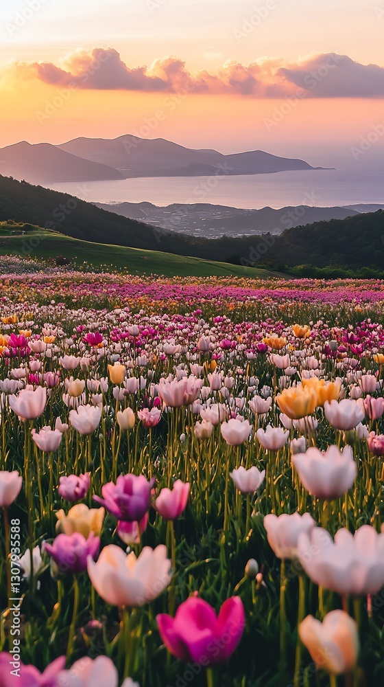 Poster breathtaking field of tulips with mountains and ocean view at sunset creating a dramatic landscape :