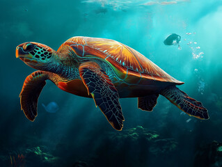 Fototapeta premium Schildkröte schwimmt elegant durch das klare Wasser eines Korallenriffs