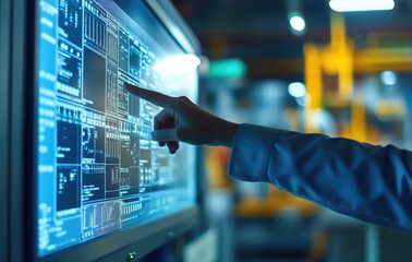 operating hand of operator controller with data base of Scada system on computer screen.
