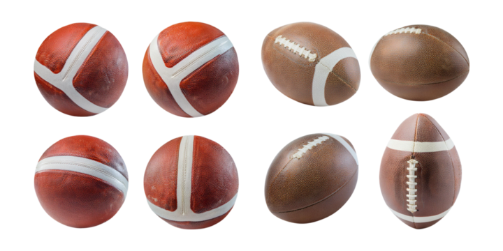 Various Types of American Footballs on a White Background, isolated on transparent background