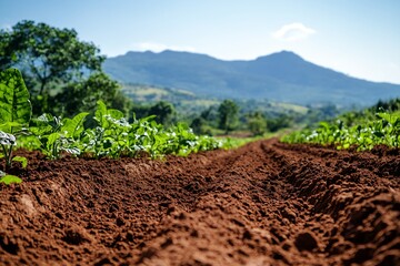 Detailed View of Agriculture Soil with Green Plant Rows Against Mountain Backdrop : Generative AI
