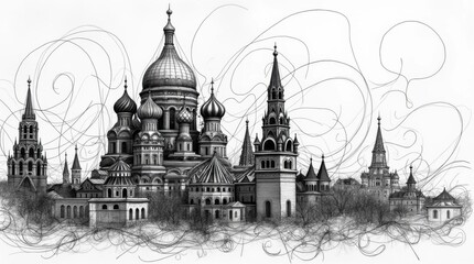Obraz premium Hyper-Detailed Ink Drawing of Moscow's Historic Architecture