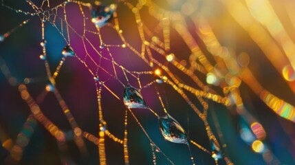 Pajęczyna z kroplami wody w słońcu