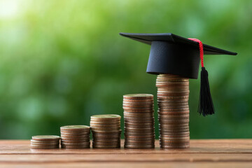Stacks of coins with graduation hat on table near green blackboard, closeup. Student loan concept 
