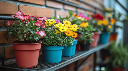 Naklejka premium Small-Space Balcony Garden with Colorful Potted Flowers on a Metal Shelf