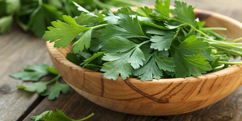 Parsley Garnishing a Wooden Bowl