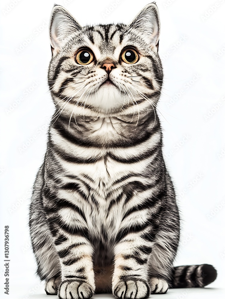 Poster Striking close-up of a striped cat with captivating eyes staring at the viewer on a bright background : Generative AI