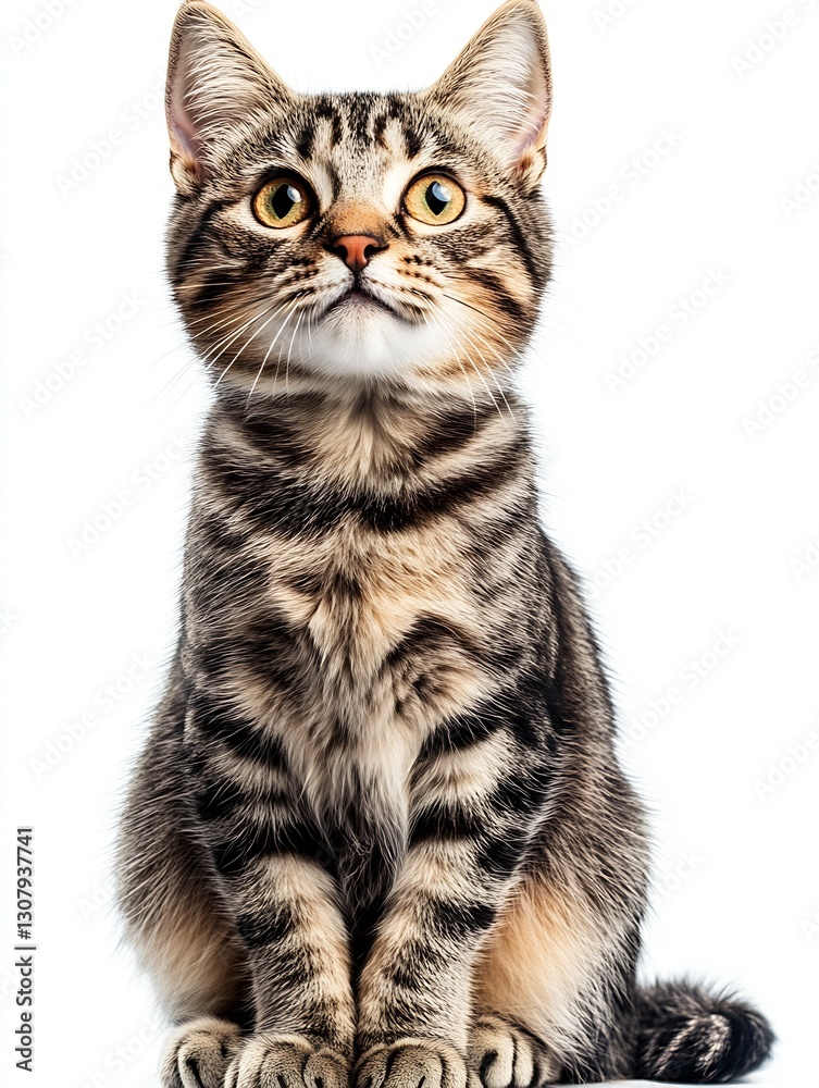 Poster Expressive Tabby Cat with Incredible Green Eyes Captured in a Playful Pose on a White Surface : Generative AI