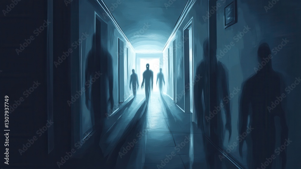 Poster dark corridor filled with ghostly figures and flickering lights creating a chilling atmosphere of su