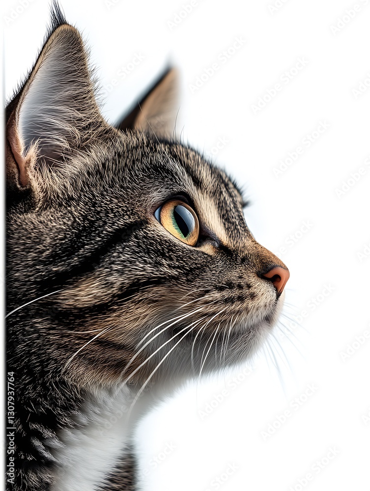 Poster Close up portrait of a curious tabby cat against a white background showcasing unique fur and eye detail : Generative AI