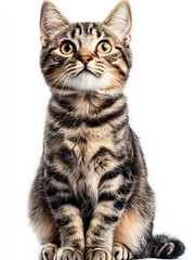 Obraz premium Expressive Tabby Cat with Incredible Green Eyes Captured in a Playful Pose on a White Surface : Generative AI