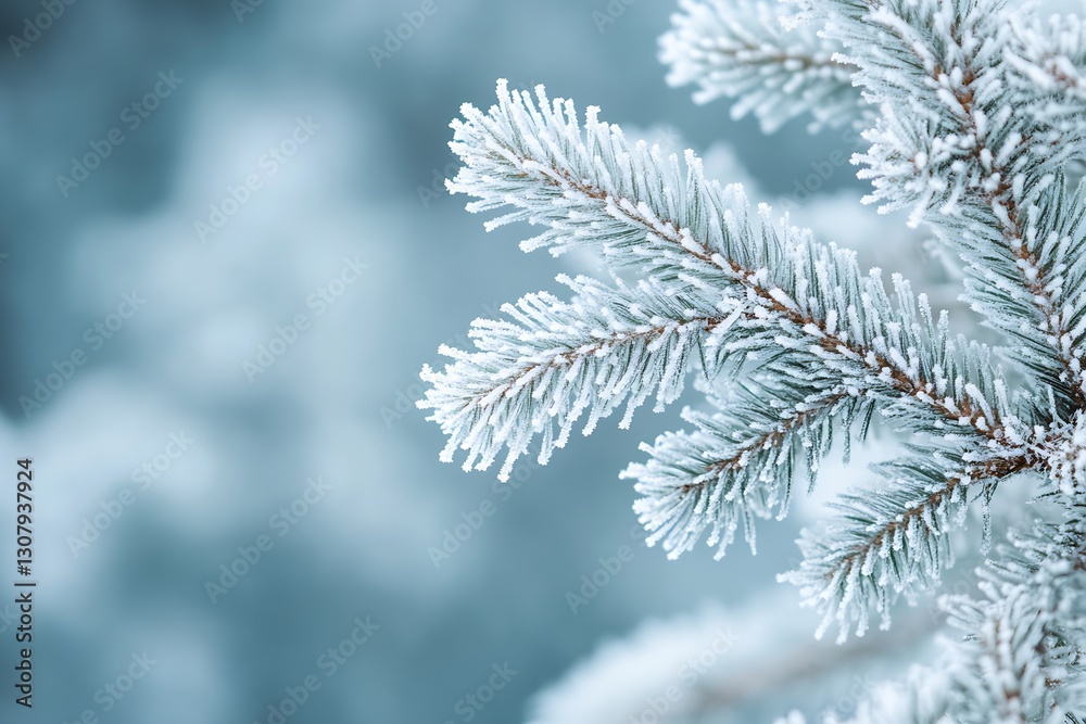 Aufkleber Close Up of Frosted Pine Branch with Delicate Snowflakes Captured in Soft Winter Light : Generative AI