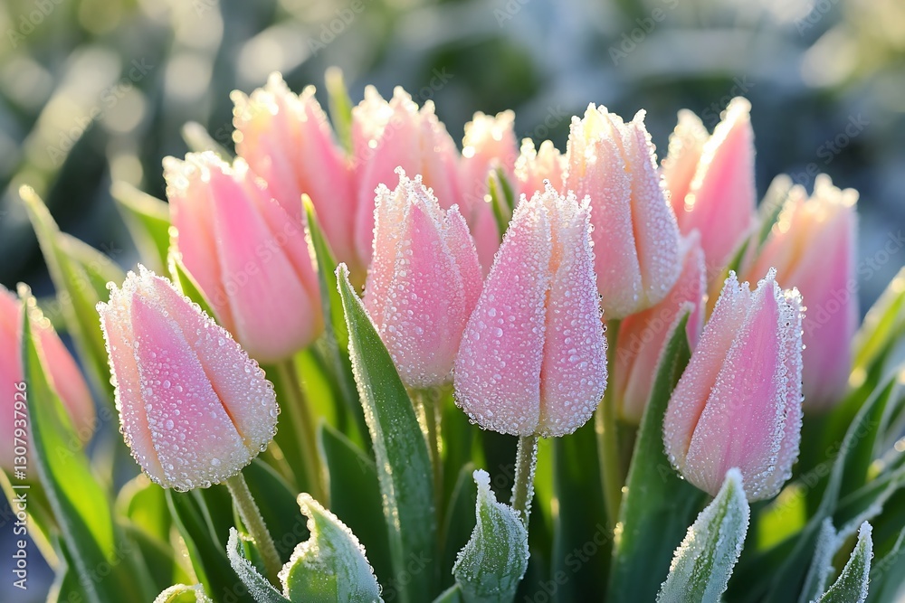 Poster elegant group of tulips sparkling with frost in mesmerizing golden morning light : generative ai