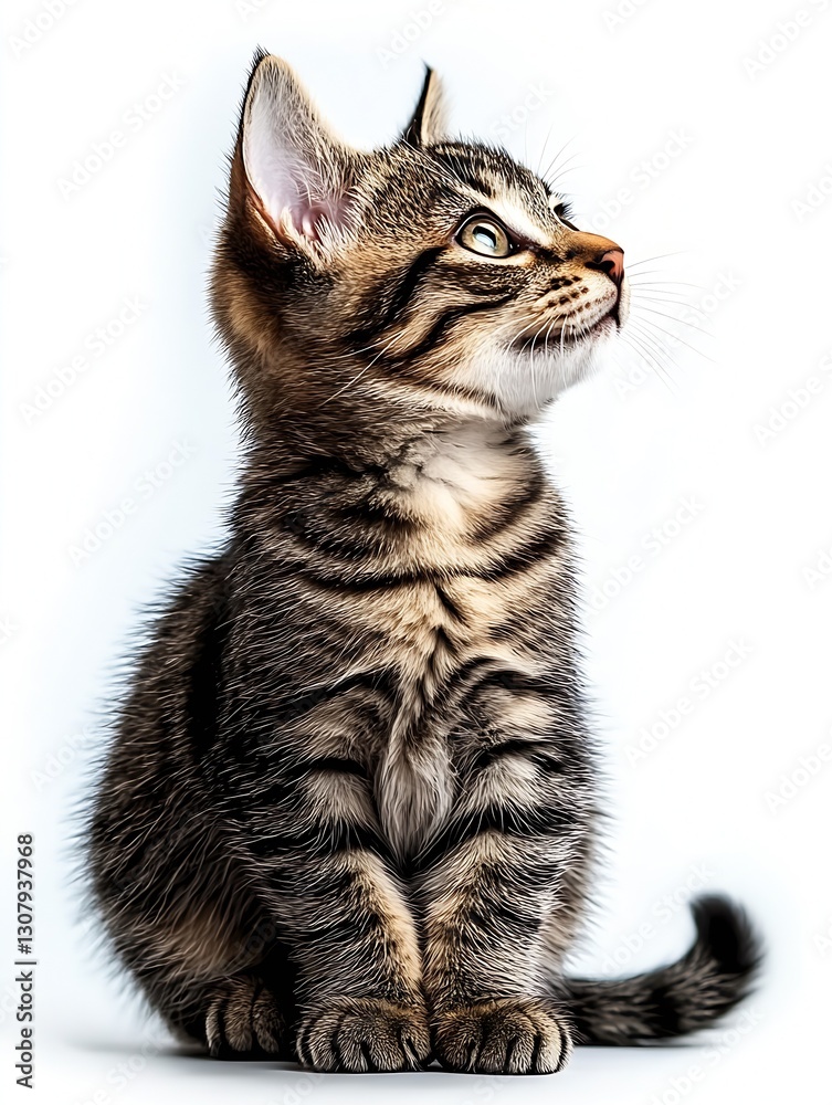 Poster adorable young tabby cat displaying curiosity and charm as it gazes upward in bright surroundings : 