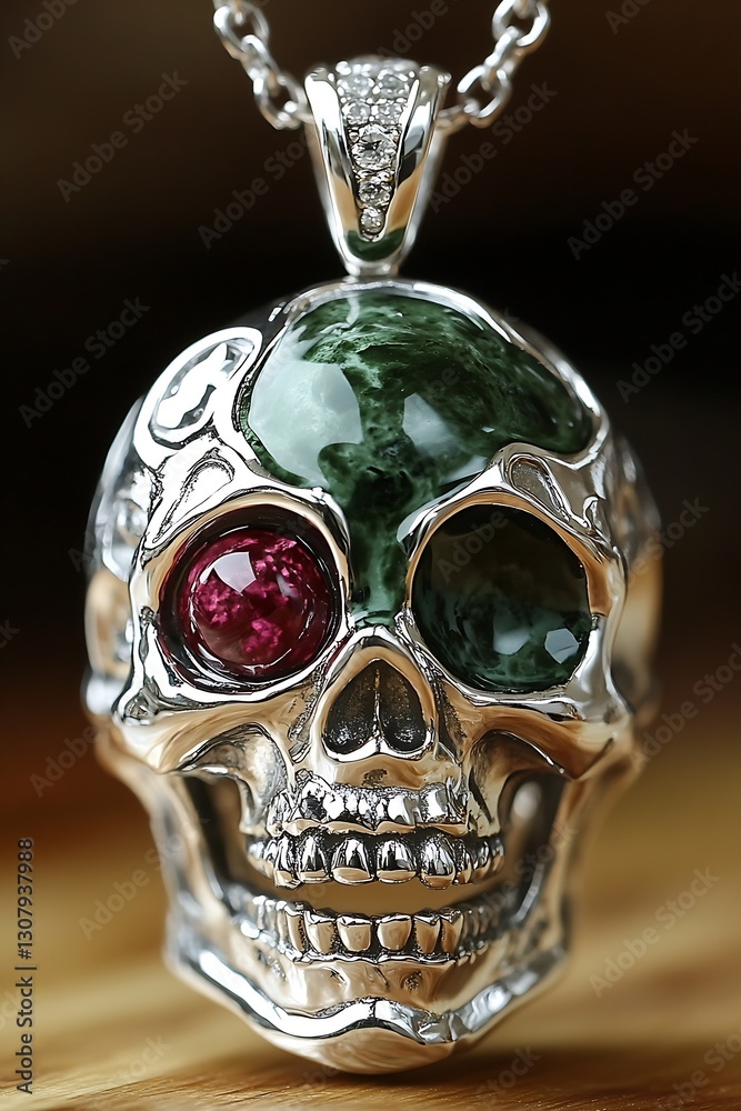 Poster elegant silver skull pendant with vibrant gemstones displaying distinct craftsmanship and artistic d