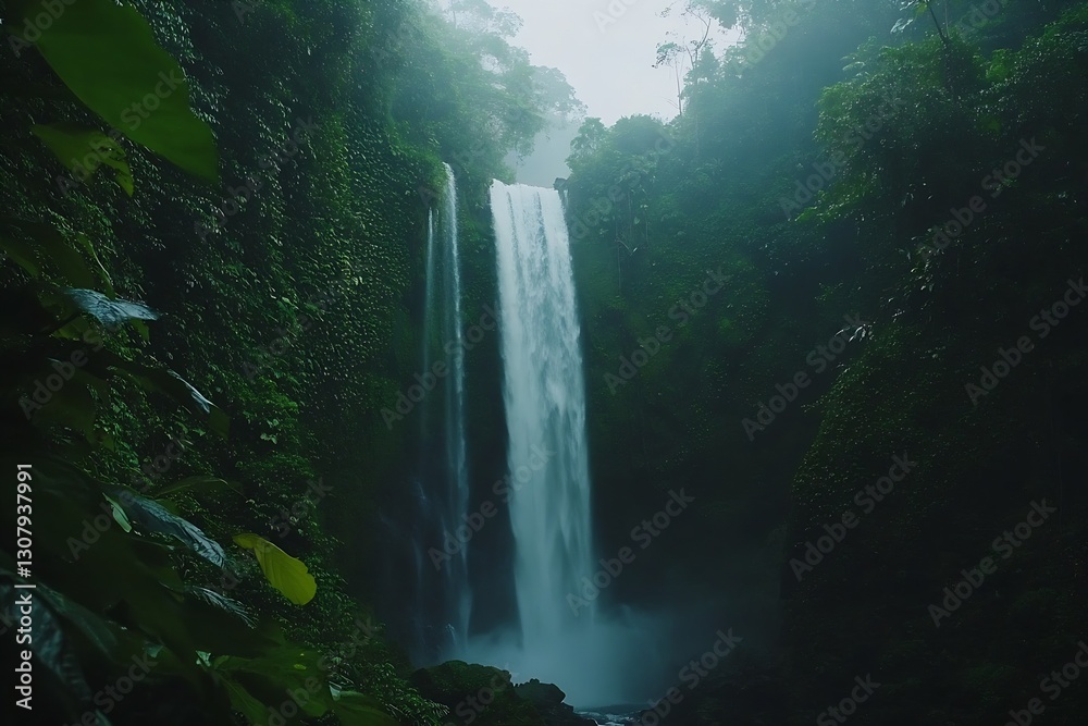 Poster majestic waterfall hidden in dense foliage with mist rising in an enchanting rainforest environment 