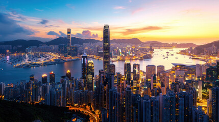 Obraz premium bustling city skyline at dusk with twinkling lights and vibrant colors