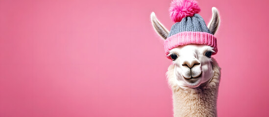 funny llama in a cap, April Fool's Day, on a pink background, banner, place for text
