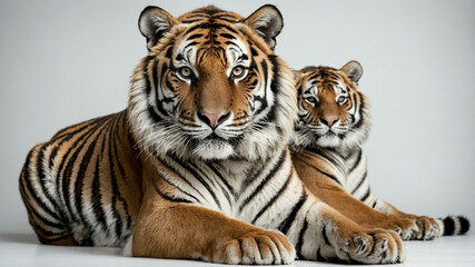 Obraz premium Tiger lying down on white background.