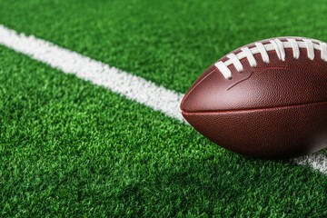 Football is laying on the grass next to a white line