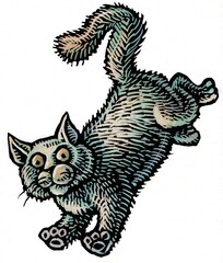 spot illustration of gray cat leaping or running