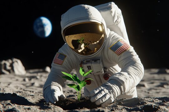 Man in a space suit is planting a seedling on the moon