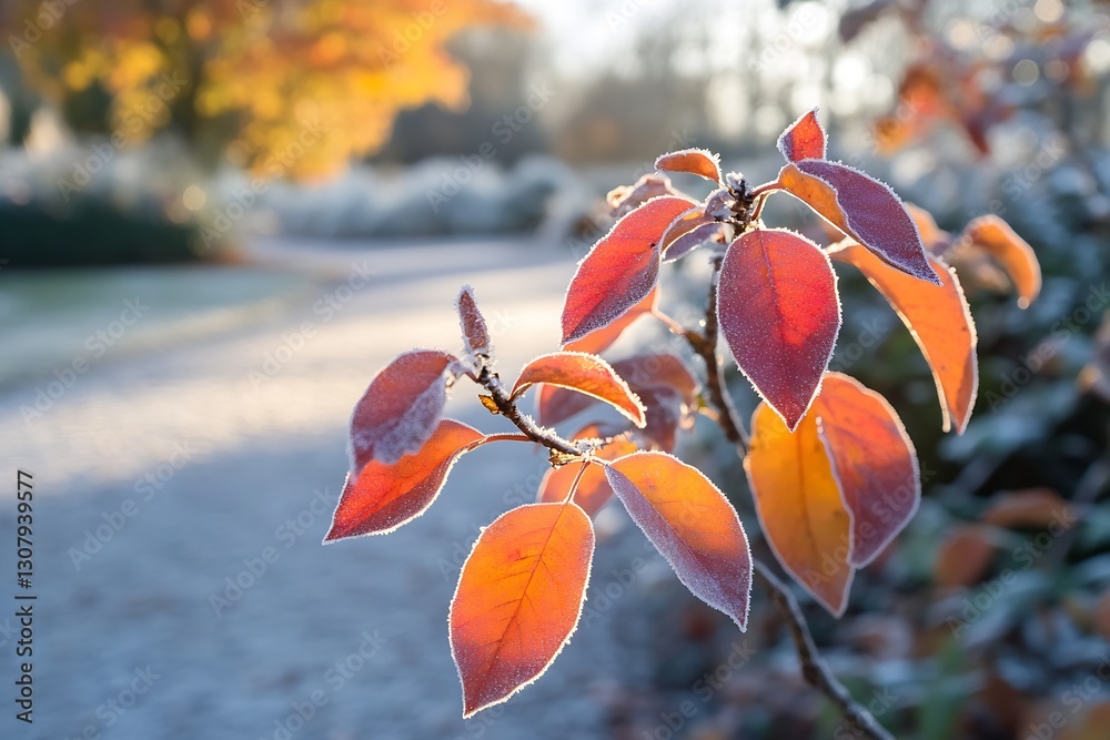 Leinwandbilder glowing red and yellow leaves sparkling with frost on a chilly autumn day in the park : generative a
