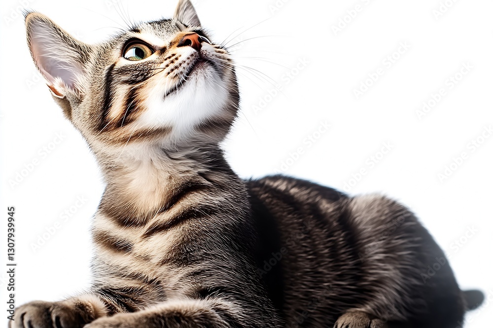 Poster charming kitten with distinctive stripes gazing thoughtfully above against a white backdrop : genera
