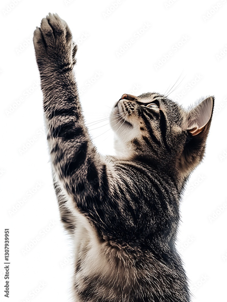 Poster Adorable Tabby Cat with Delicate Features Gracefully Reaching Upward in a Bright Scene : Generative AI