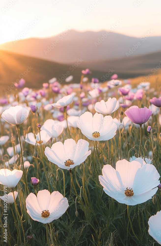 Poster enchanting field of white and purple flowers at dusk providing a calming visual experience : generat